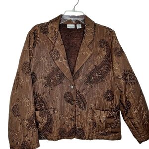 Chico's Womens Size 3 Brown Paisley Embroidered Jacket Blazer Coat Two Pockets
